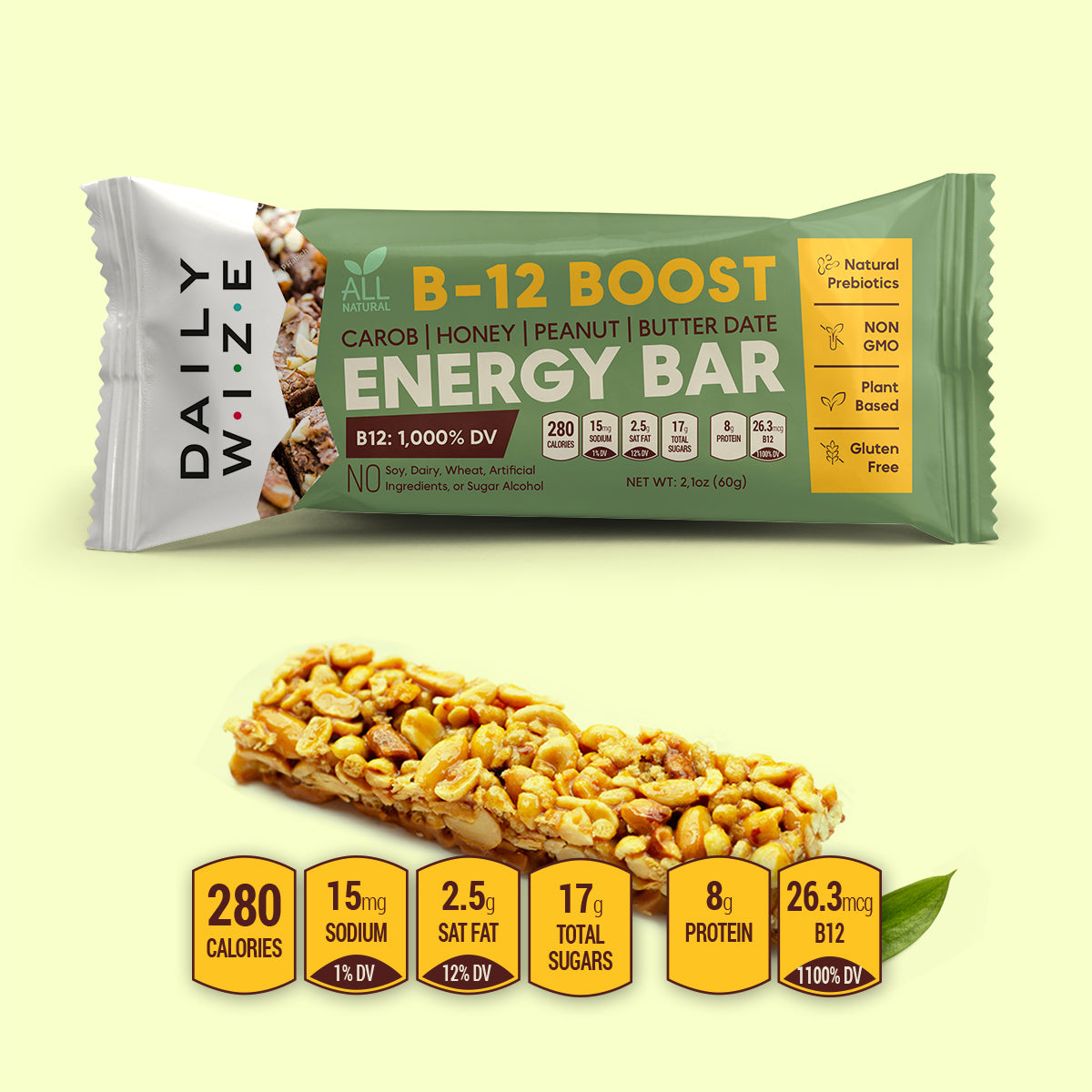 All Natural B 12 Boost Carob Honey Peanut butter Date Energy Bar DailyWize